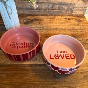 Pink and Red Pet Bowls with Heart Designs